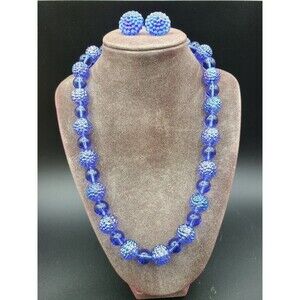 Vintage Blue Iridescent Beaded Necklace & Clip On Earrings Set